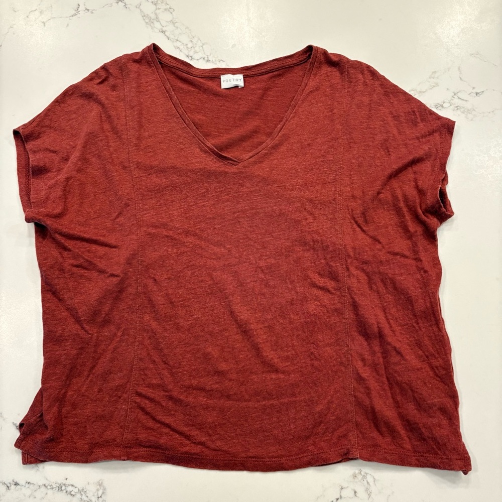 Poetry Linen Women's V-Neck Short Sleeve Loose Fit Tee in Rust Red Orange